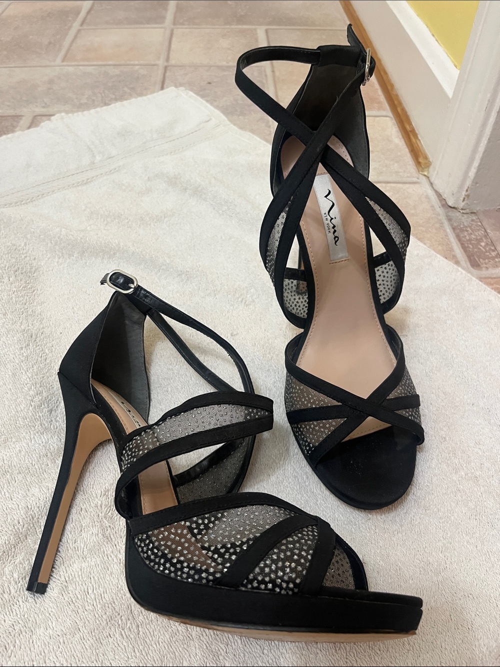 Nina Black Crisscross Mesh Stilettos